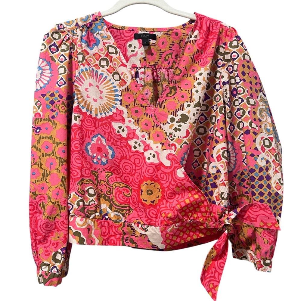 J. Crew Pink and Orange Graphic Wrap Blouse